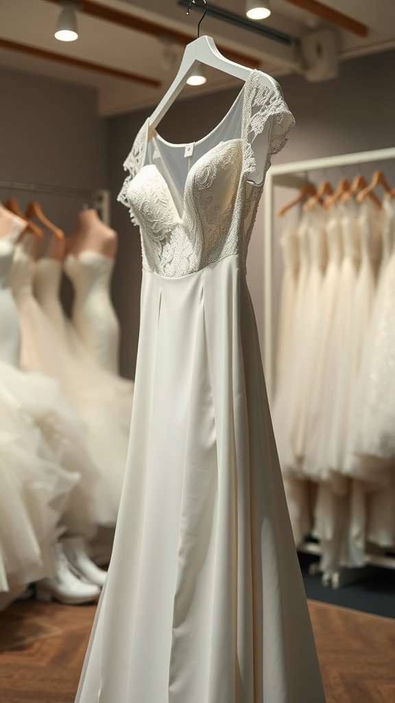 A lace cap sleeves wedding dress displayed on a hanger in a boutique.