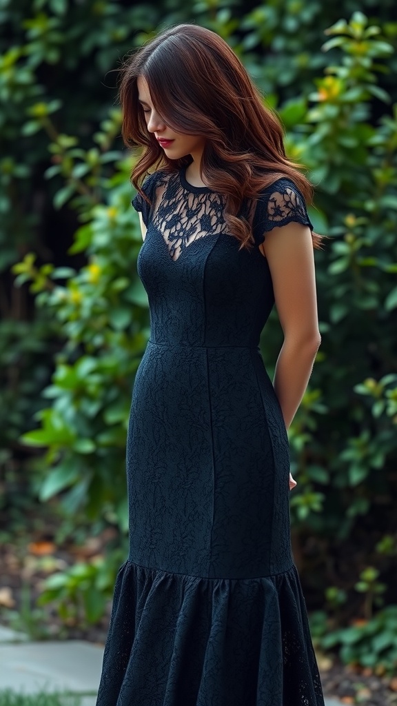 A woman in a lace fit and flare wedding dress standing outdoors.