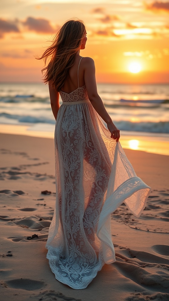 A woman in a lace maxi dress walks on the beach during sunset.