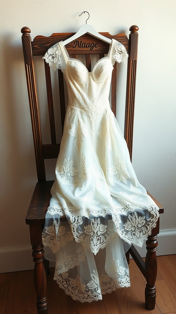 A beautiful lace overlay wedding dress hanging on a wooden chair.