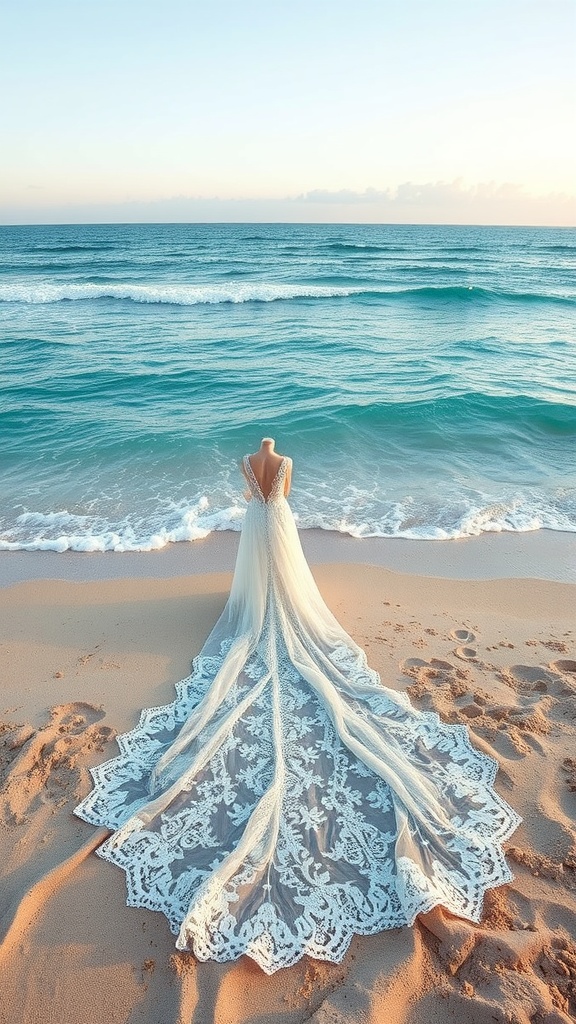 A bride in a lace train wedding dress standing on the beach with the ocean waves in the background.