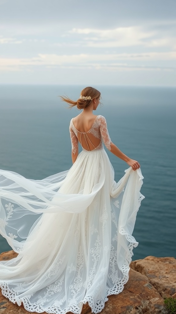 A bride in a layered lace wedding dress standing by the ocean, with flowing fabric and intricate lace details.