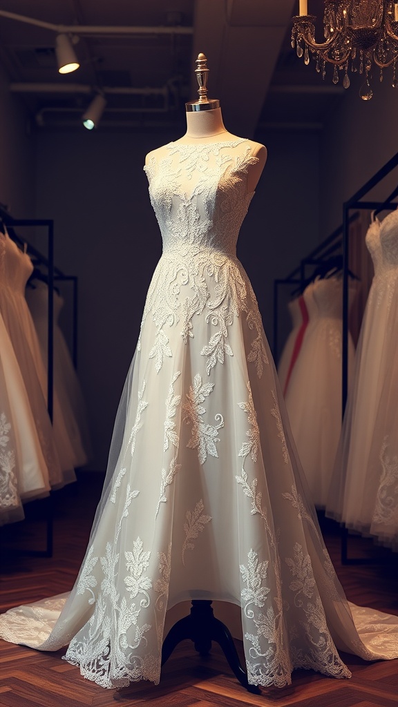 Luxe lace princess wedding dress with beading displayed on a mannequin in a bridal shop.