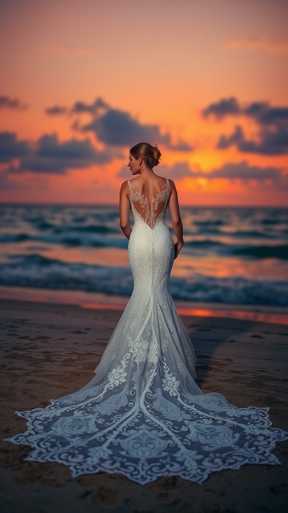 A bride in a stunning mermaid lace wedding dress standing on the beach during sunset.