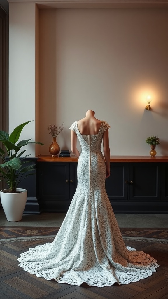 A back view of a minimalistic lace wedding dress with a fitted bodice and a flared train.