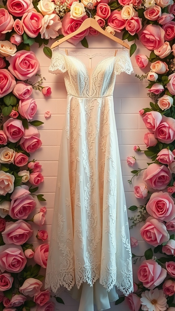 A beautiful off-the-shoulder lace wedding gown hanging against a backdrop of pink roses.