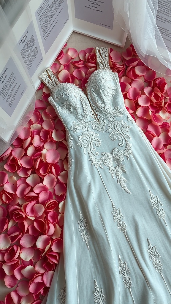 A beautiful lace bridal gown displayed among rose petals