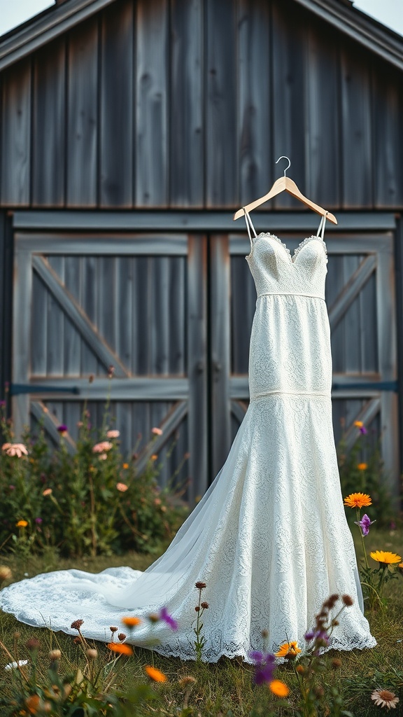 A rustic lace country wedding dress hanging in front of a barn.