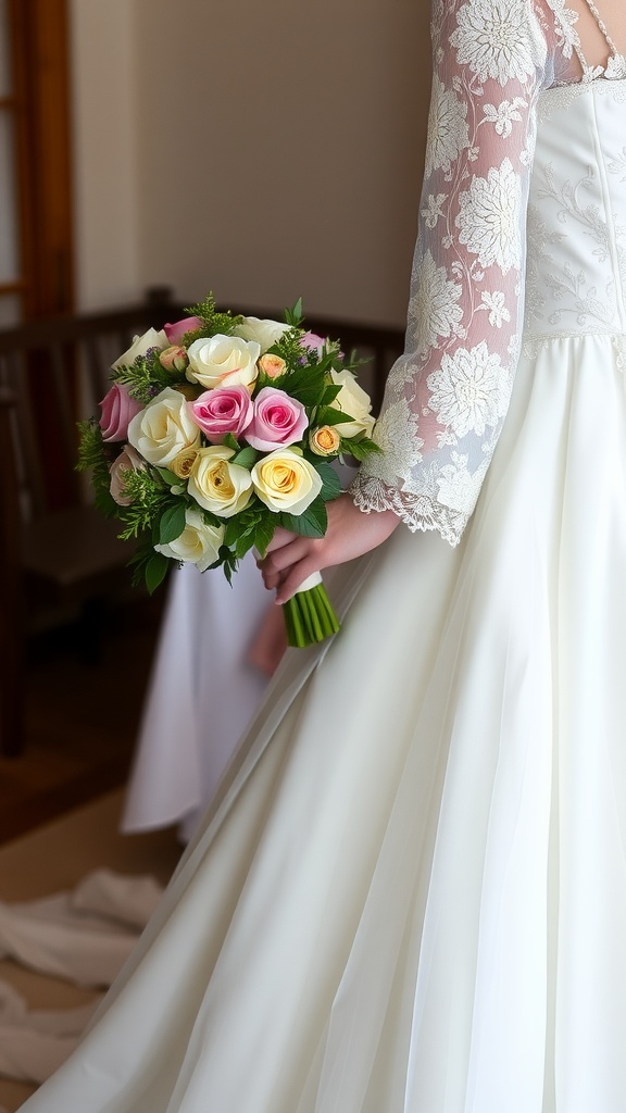 Bride holding a bouquet wearing a sheer lace sleeve wedding dress