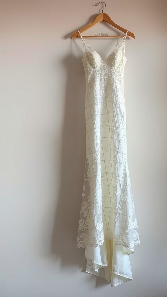 A simple lace bridal dress hanging on a wooden hanger against a neutral background.