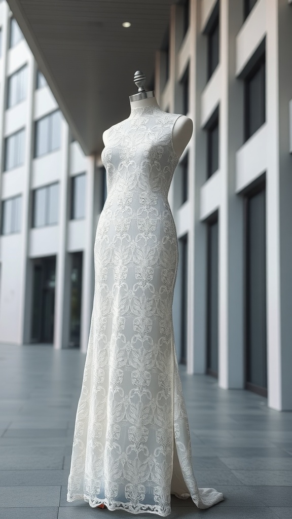 A sleek lace column wedding gown displayed on a mannequin.