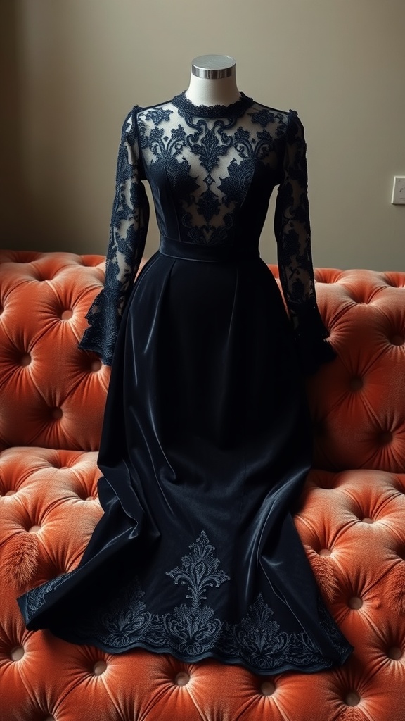 A sophisticated lace and velvet wedding dress displayed on a plush orange couch.