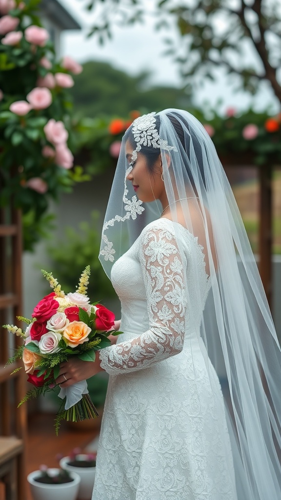 A bride in a traditional lace wedding dress with a veil, holding a bouquet of colorful flowers.