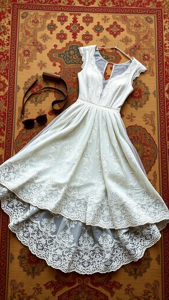 A two-piece lace wedding dress laid out on a patterned rug.