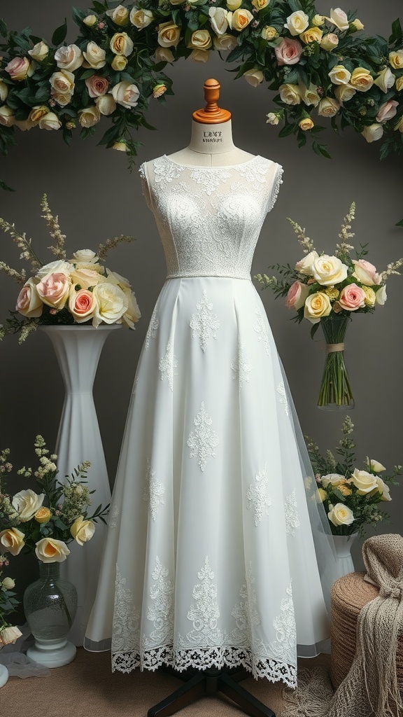 Vintage-inspired lace wedding dress displayed with floral arrangements