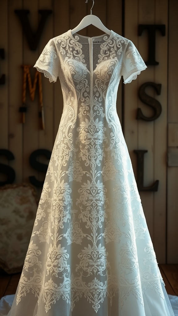 A vintage-inspired lace princess wedding dress hanging against a wooden background.