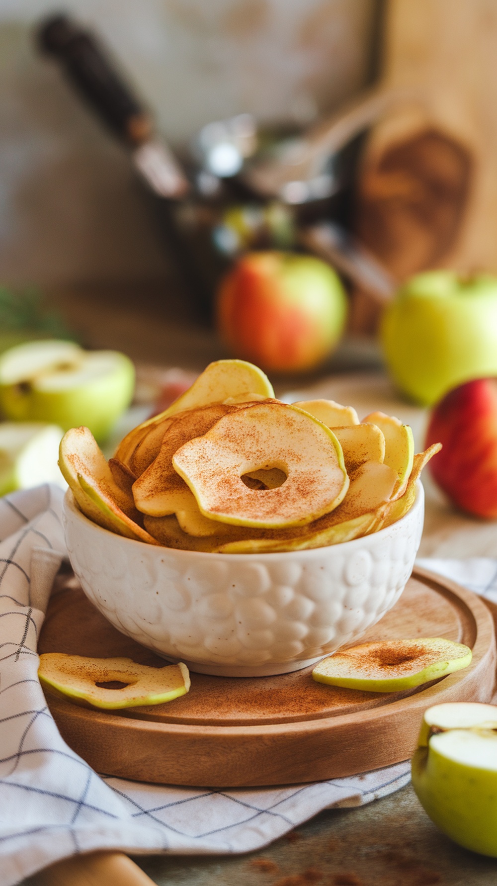 Bowl of homemade apple chips seasoned with cinnamon