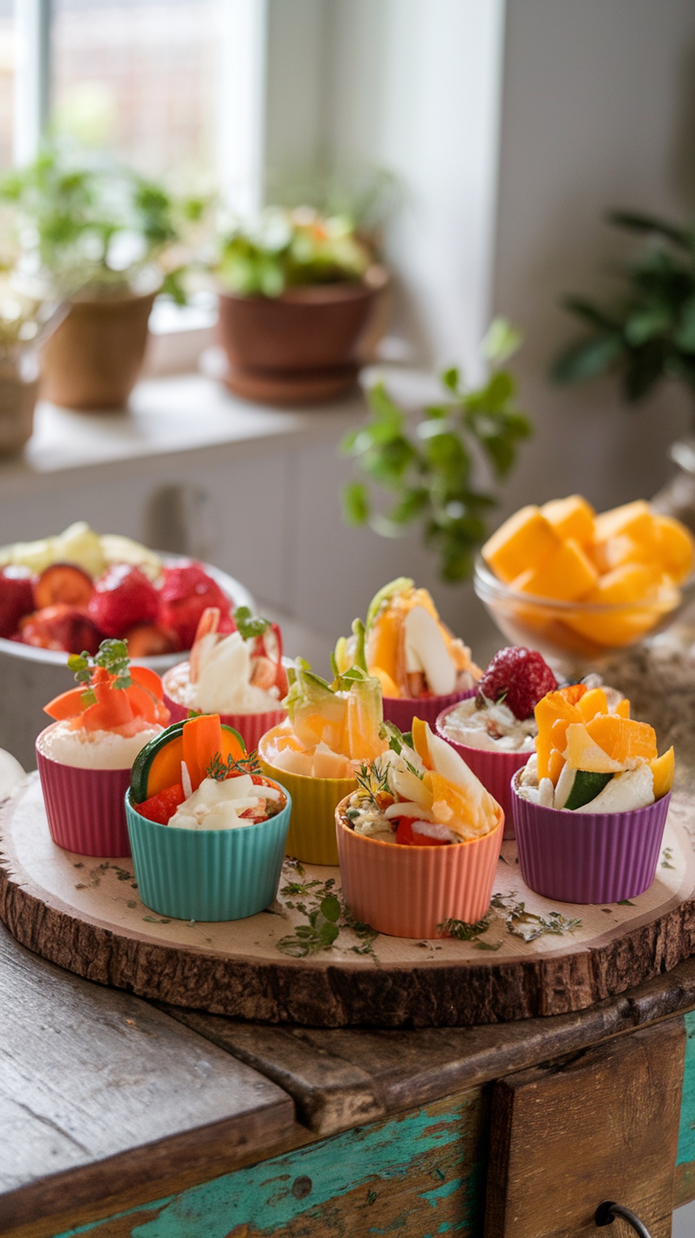 Colorful air fryer breakfast egg cups topped with vegetables on a wooden serving platter.