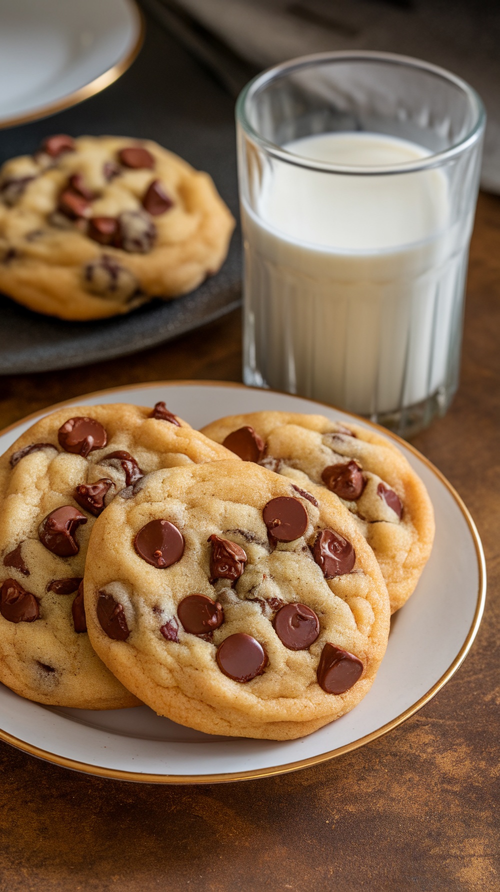 Plate of chocolate chip cookies with a glass of milk