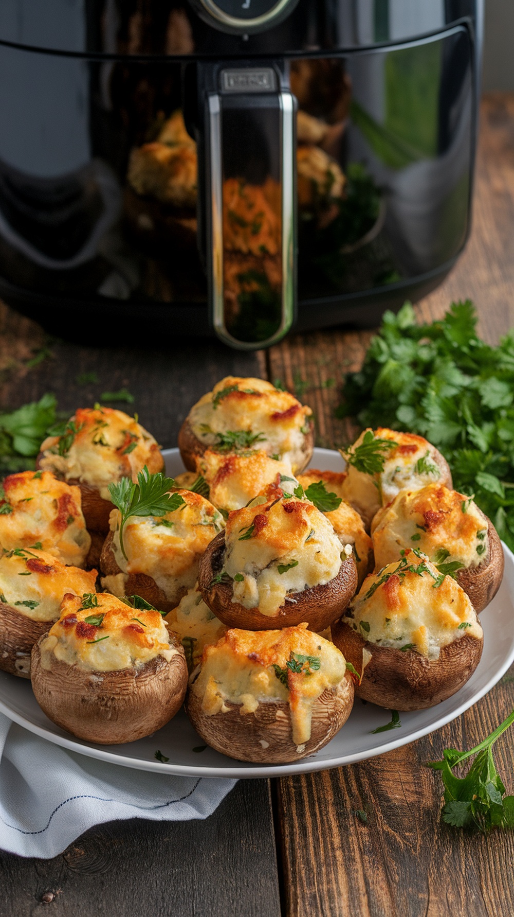 Delicious air fryer stuffed mushrooms, arranged on a plate with fresh herbs.