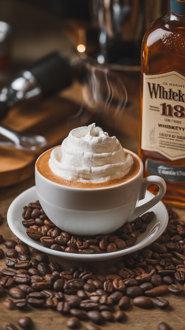 Aromatic Irish Coffee topped with fresh whipped cream, served in a white cup with coffee beans.