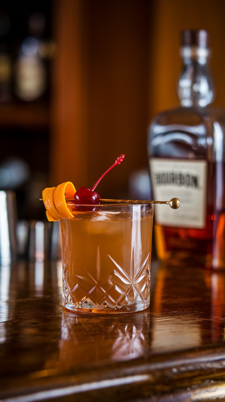 A Black Manhattan cocktail garnished with an orange peel and cherry, served in a crystal glass.