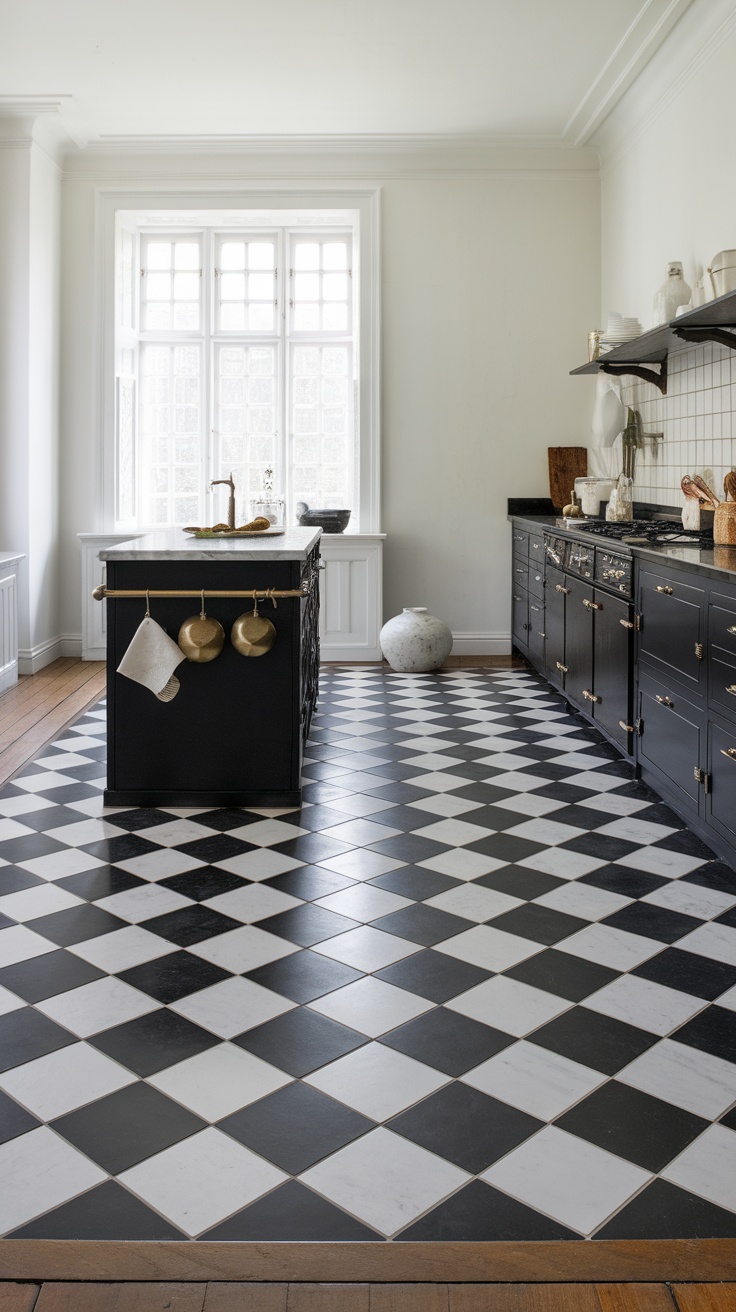 A kitchen featuring bold black and white checkerboard tile flooring.