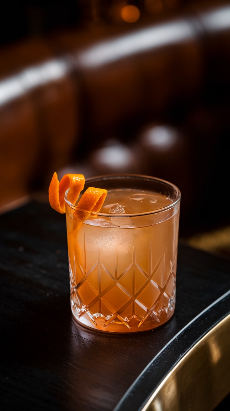 A cocktail in a classic glass with orange twist garnish
