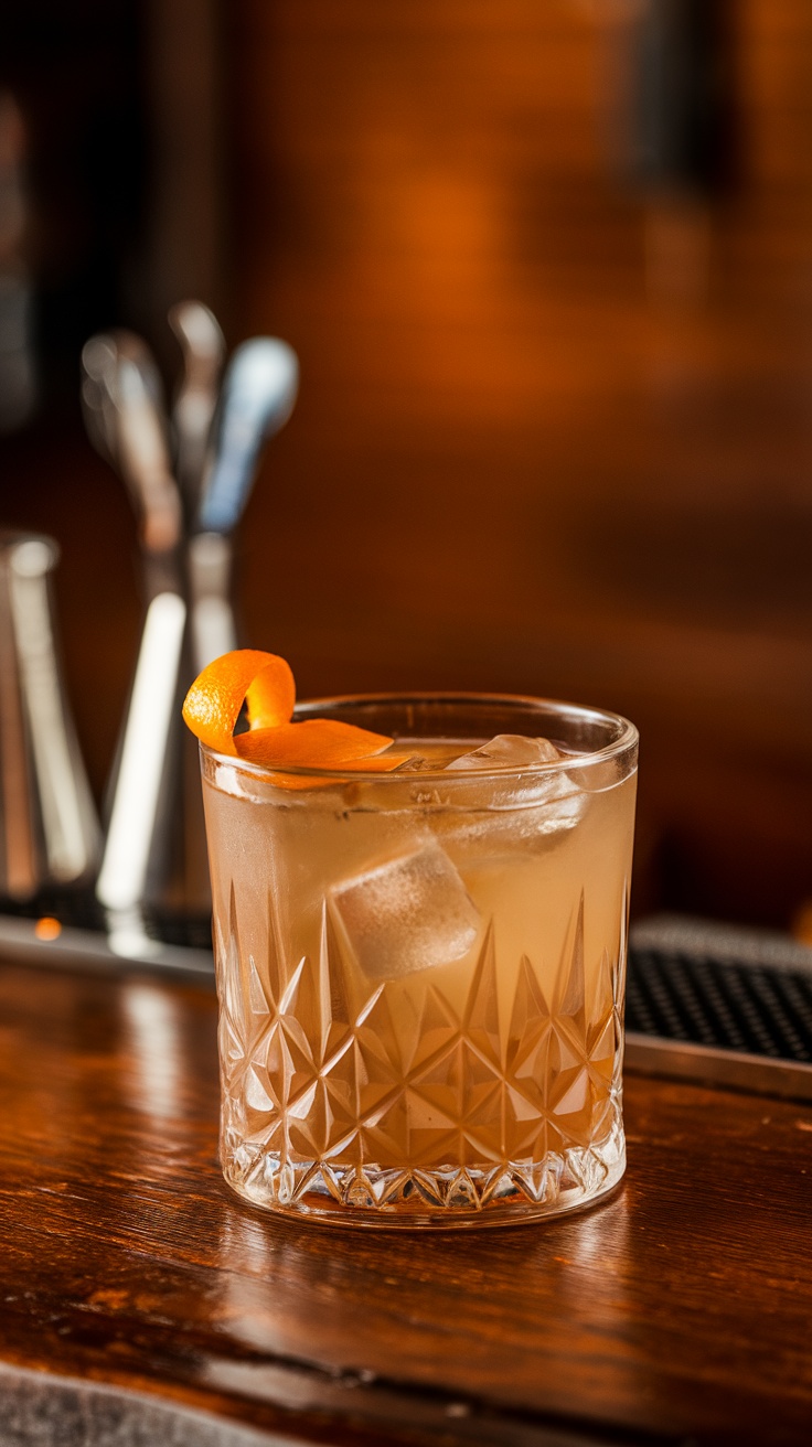 A stylish Boulevardier cocktail served in a crystal glass with an orange twist garnish.