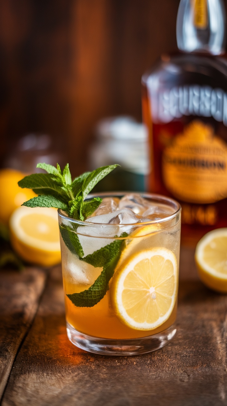 A refreshing Bourbon Smash cocktail garnished with mint and lemon