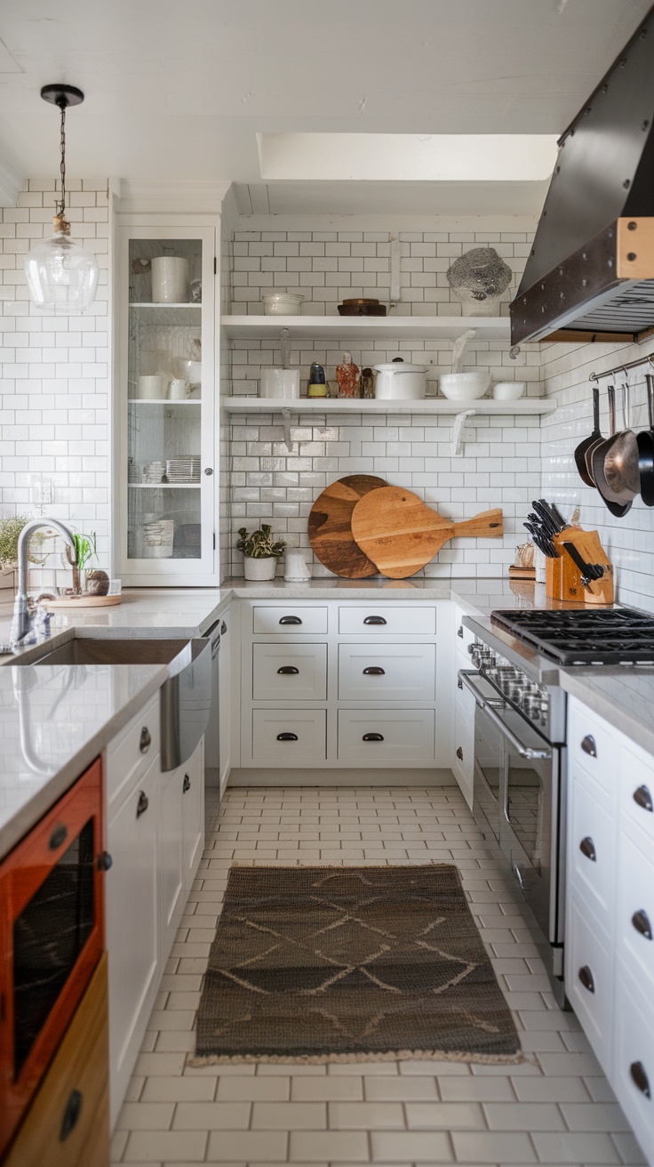 A bright kitchen featuring white subway tile floors, modern cabinets, and stylish decor