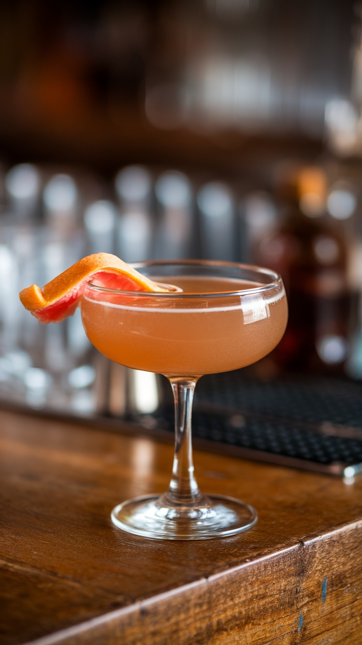 A Brown Derby cocktail garnished with a twist of grapefruit peel.