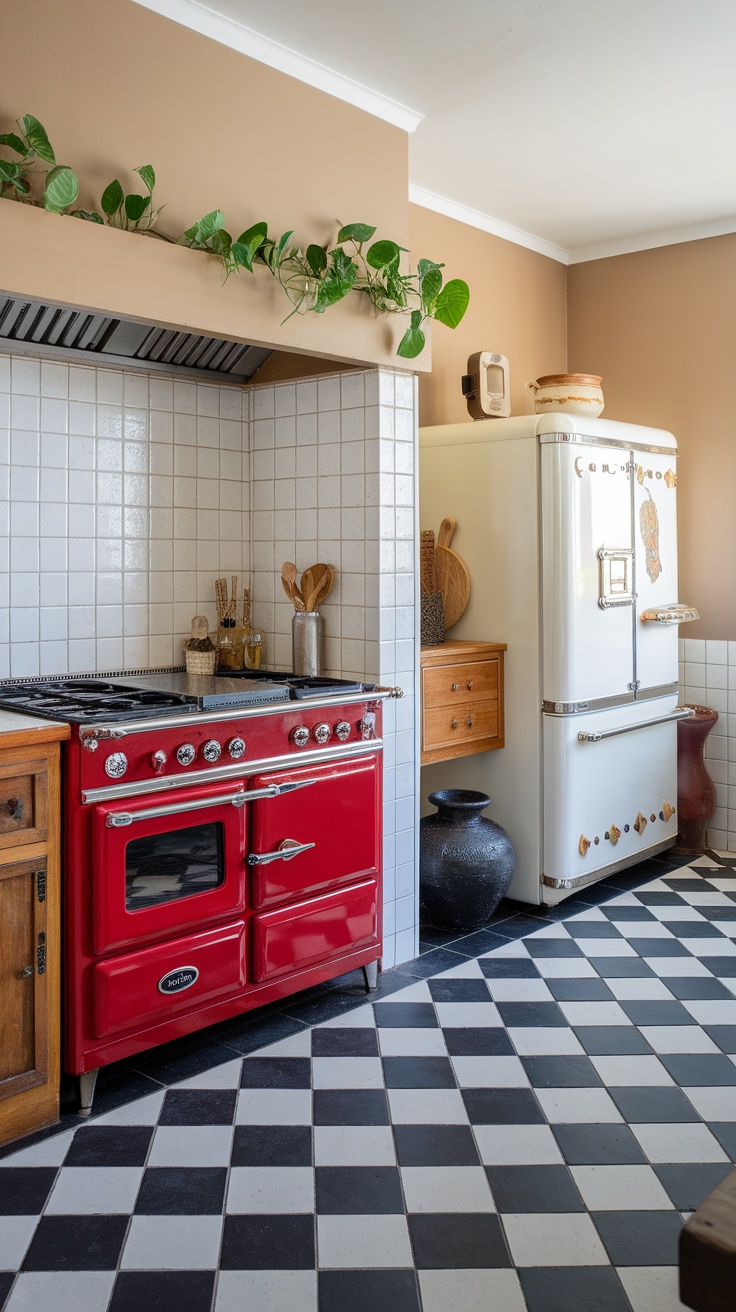 A kitchen with a classic checkerboard floor featuring black and white tiles, a red stove, and warm, earthy wall tones.