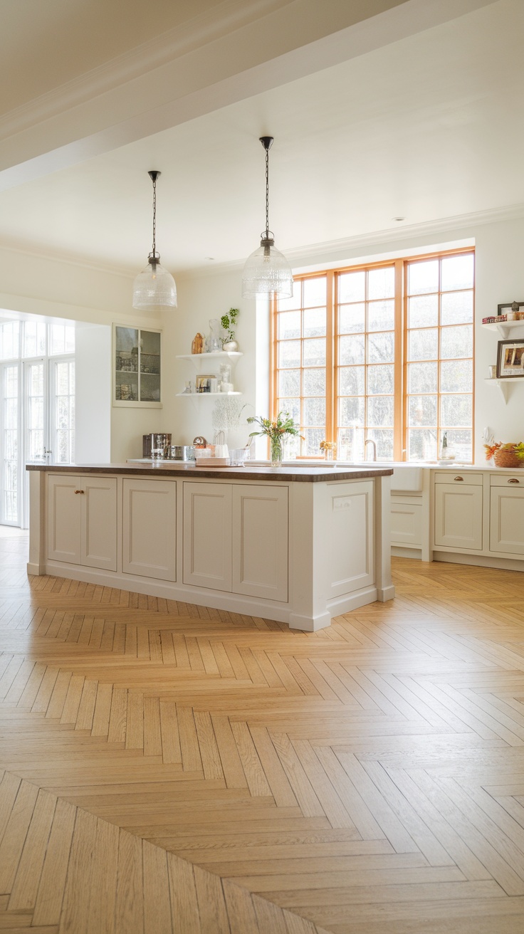 A beautifully designed kitchen featuring classic herringbone wood flooring, with a bright and airy atmosphere