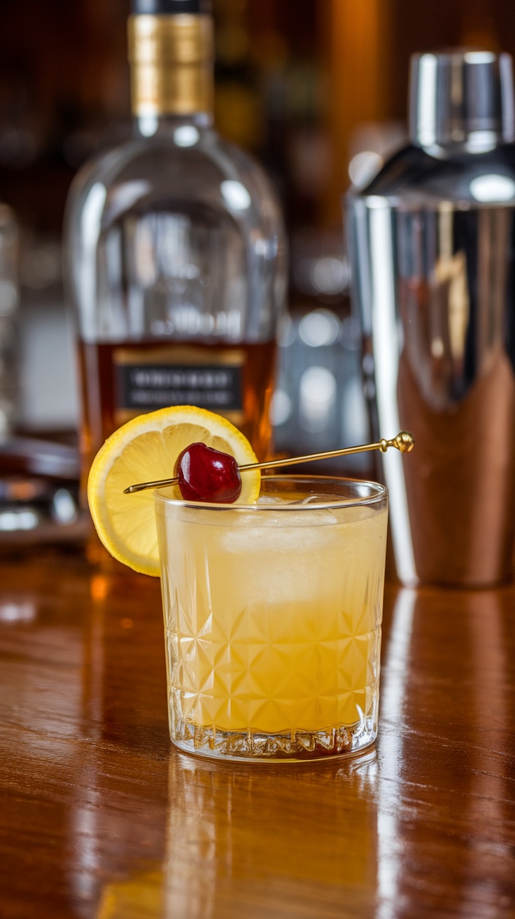 Classic Whiskey Sour cocktail with a cherry and lemon slice garnishing
