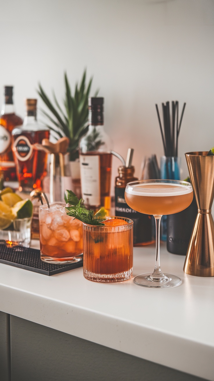 Bourbon Sour cocktail with fresh mint garnish and bourbon bottles in the background.