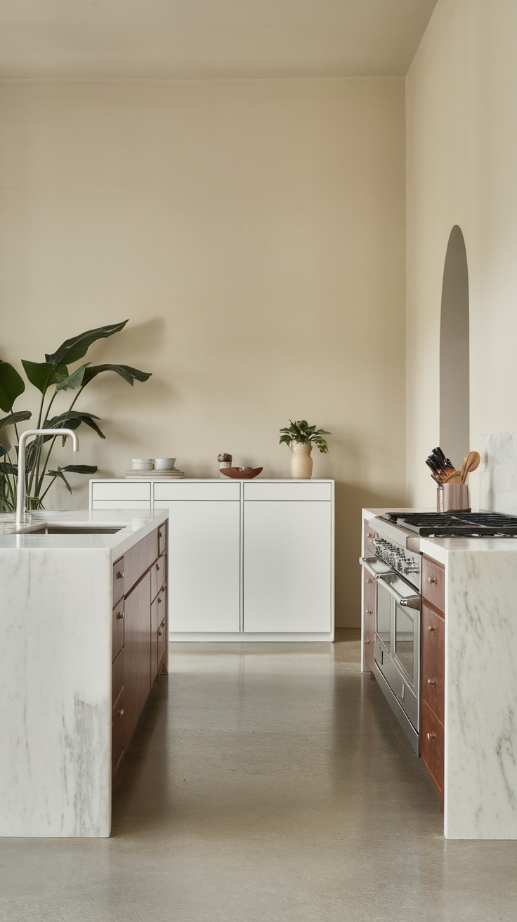 A modern kitchen featuring polished concrete floor, sleek cabinetry, and minimalist design.