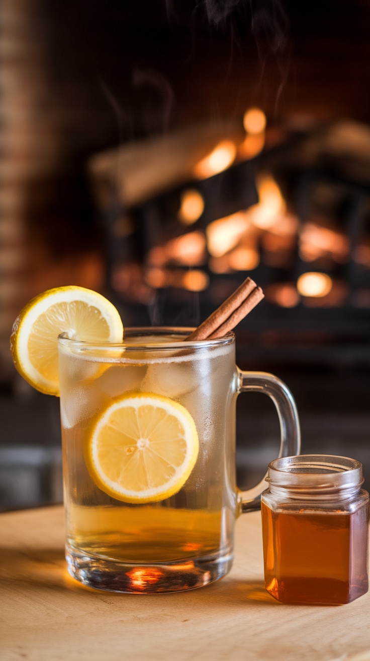 A cozy hot toddy served in a glass mug with lemon slices and a cinnamon stick, next to a jar of honey.