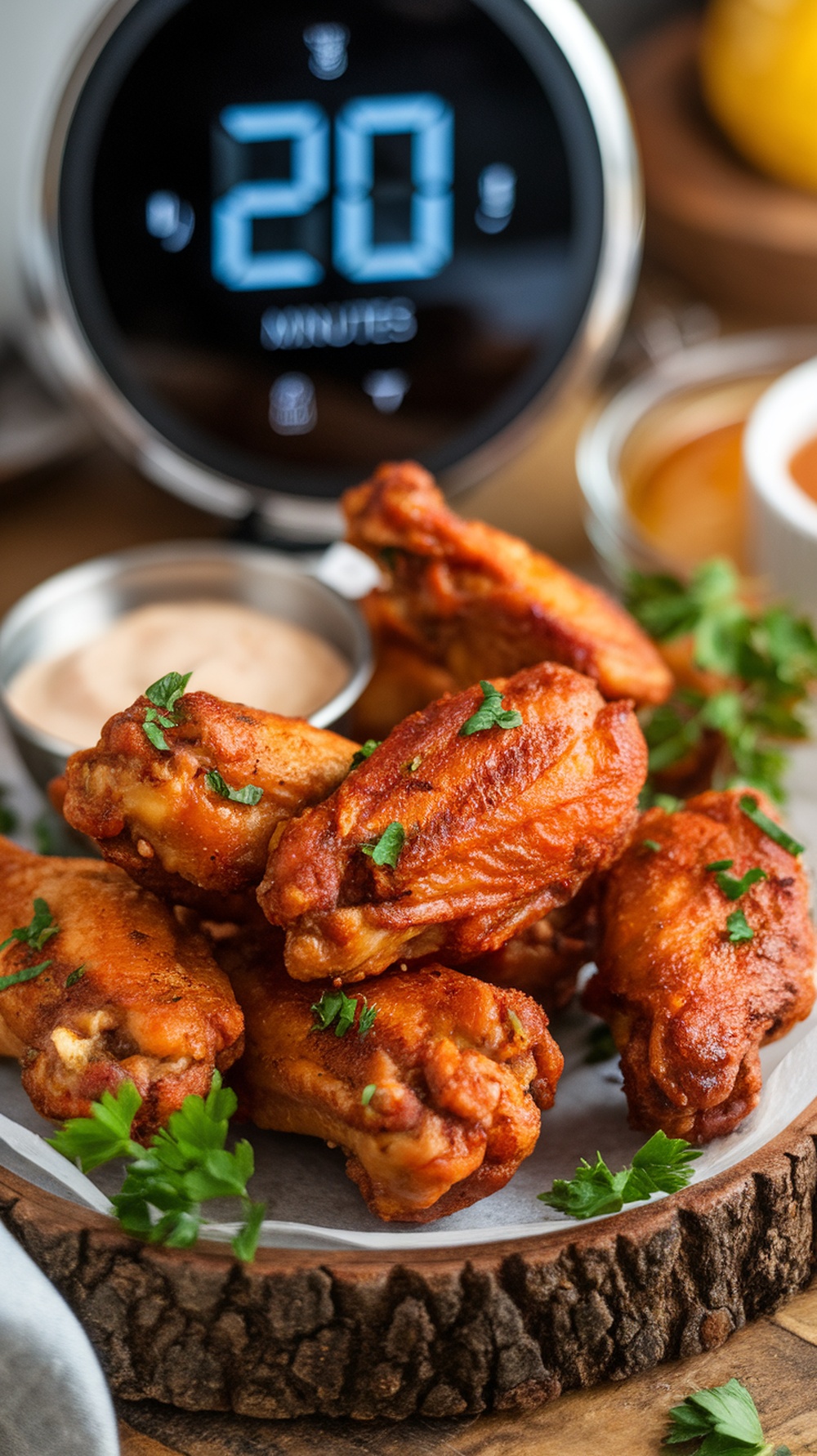 Crispy air fryer chicken wings served on a wooden platter with herbs and dipping sauce.