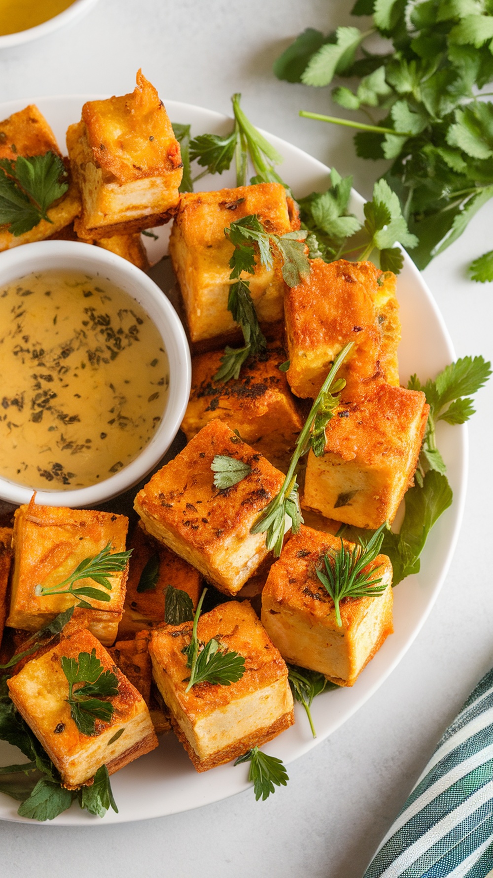Crispy air fryer tofu bites served with a dipping sauce and garnished with herbs.