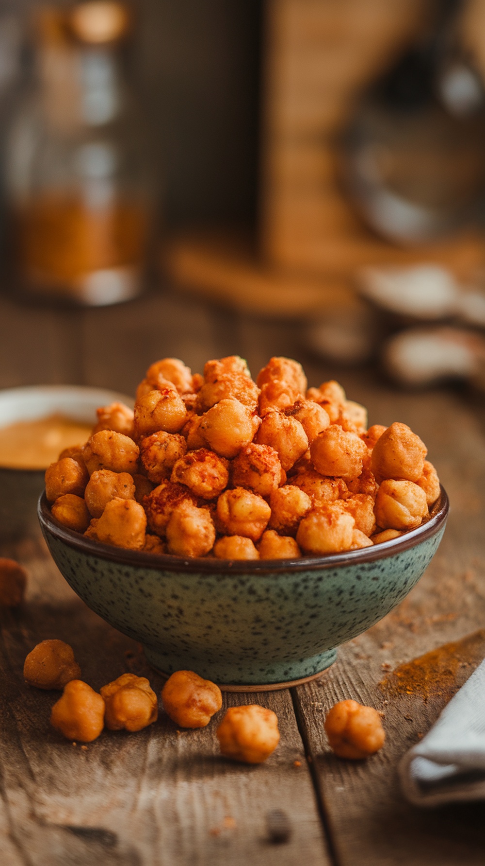 Bowl of crispy air fryer chickpeas seasoned with spices.