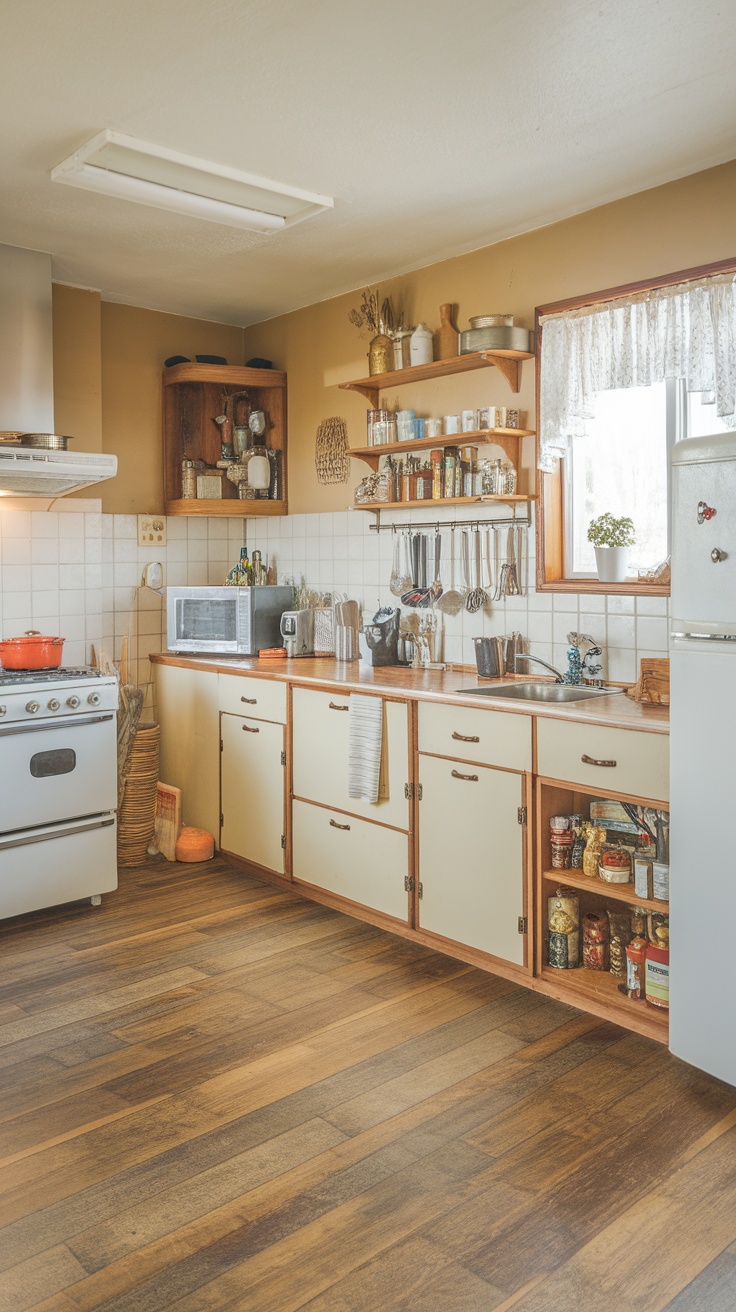 Stylish kitchen with durable laminate flooring in warm tones, featuring wooden cabinets and open shelving.