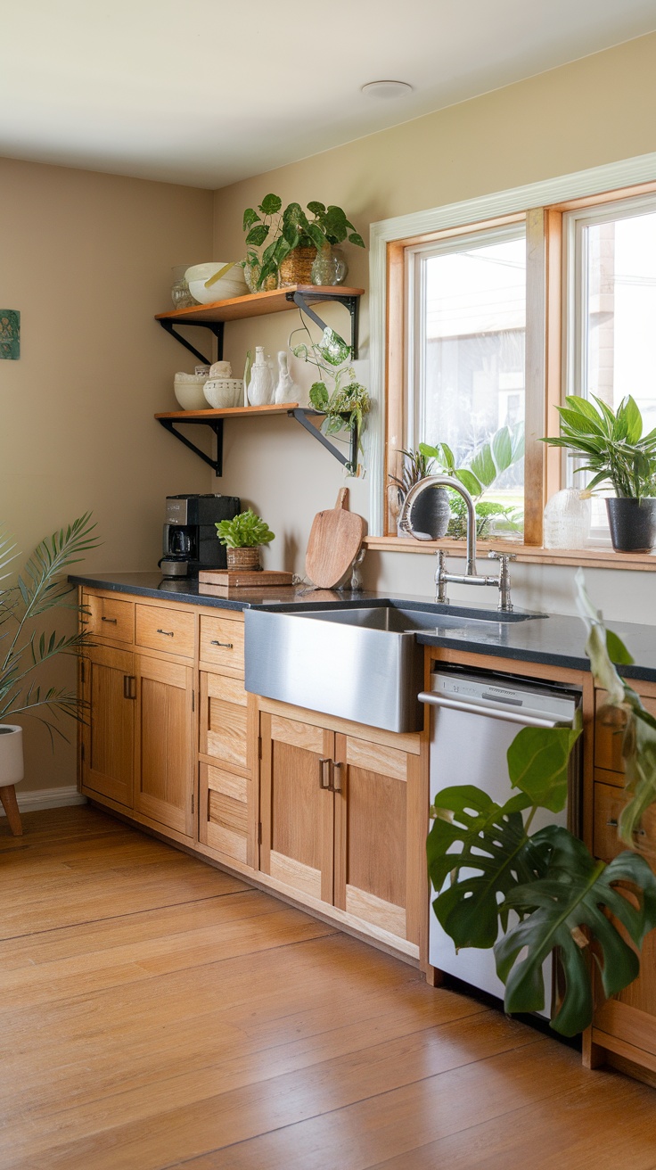 A modern kitchen with bamboo flooring and wooden cabinets, showcasing a cozy and stylish design.