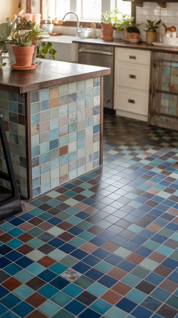 A colorful kitchen floor made of recycled glass tiles, featuring a mix of blue, green, and brown tiles.