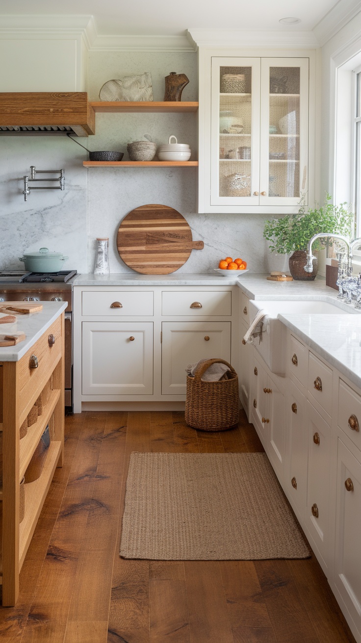 A modern kitchen featuring elegant bamboo flooring, light cabinetry, and marble countertops.