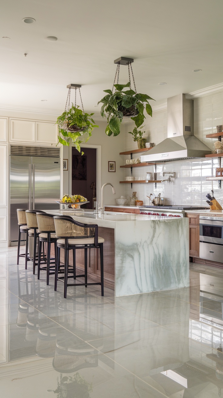 A modern kitchen featuring elegant marble tiles, wooden accents, and hanging plants.