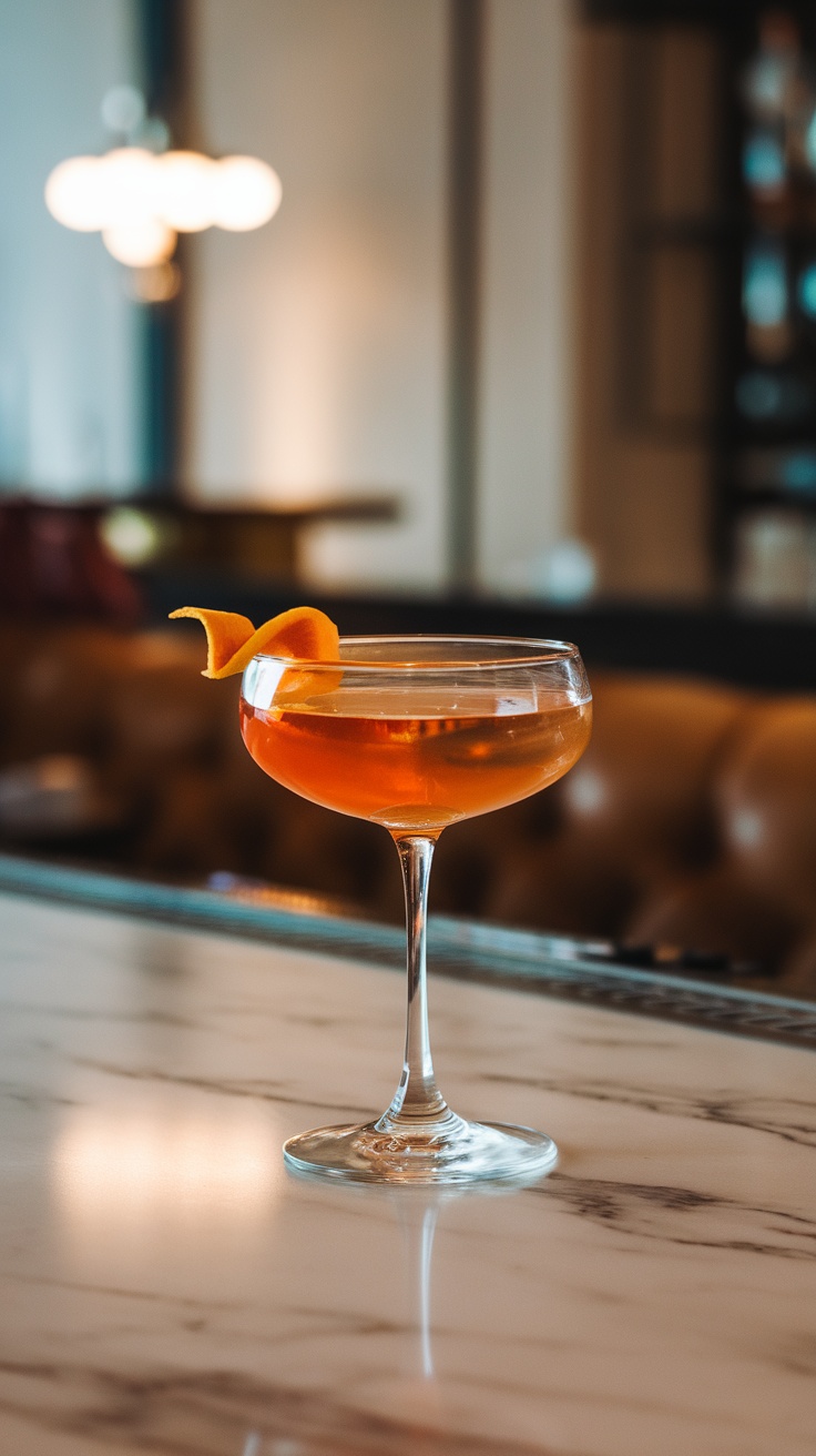 Paper Plane cocktail in a coupe glass with orange peel garnish