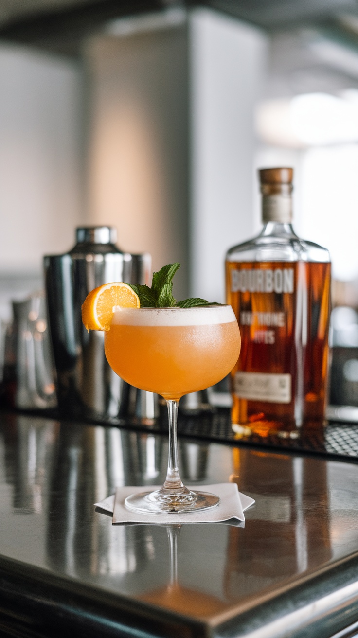 A refreshing Japanese Sour cocktail garnished with mint and an orange slice, served in a stylish glass.