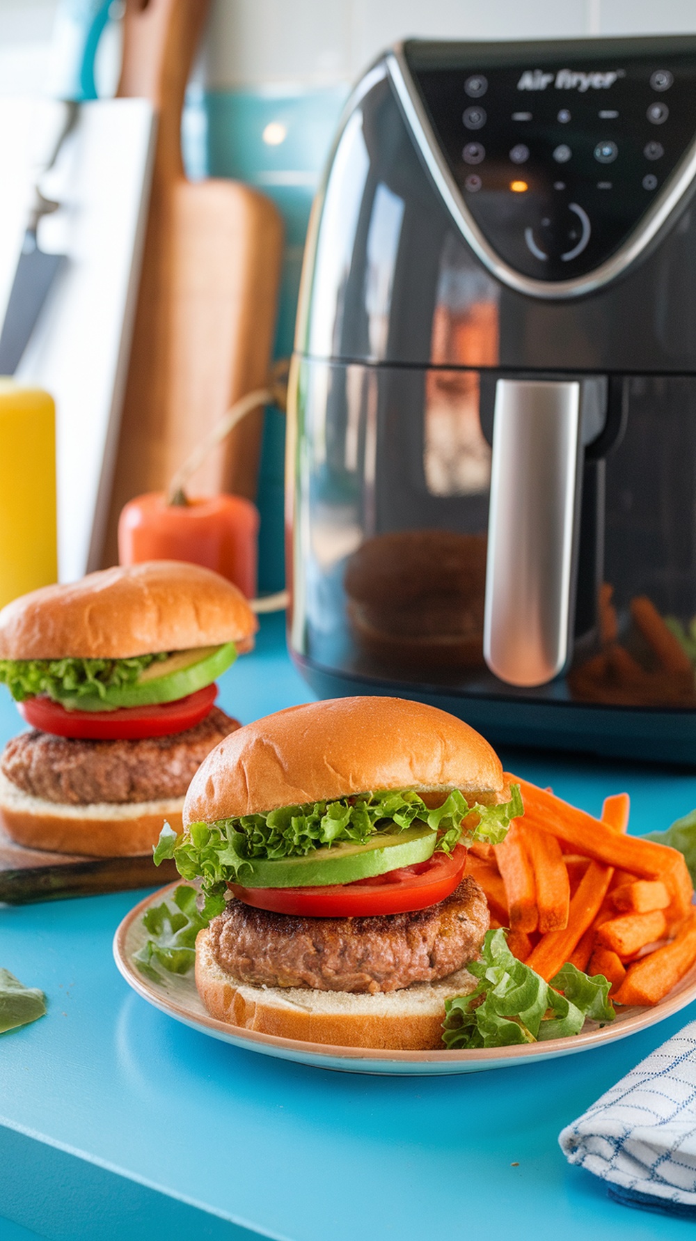Juicy air fryer turkey burgers served with fresh toppings and sweet potato fries.