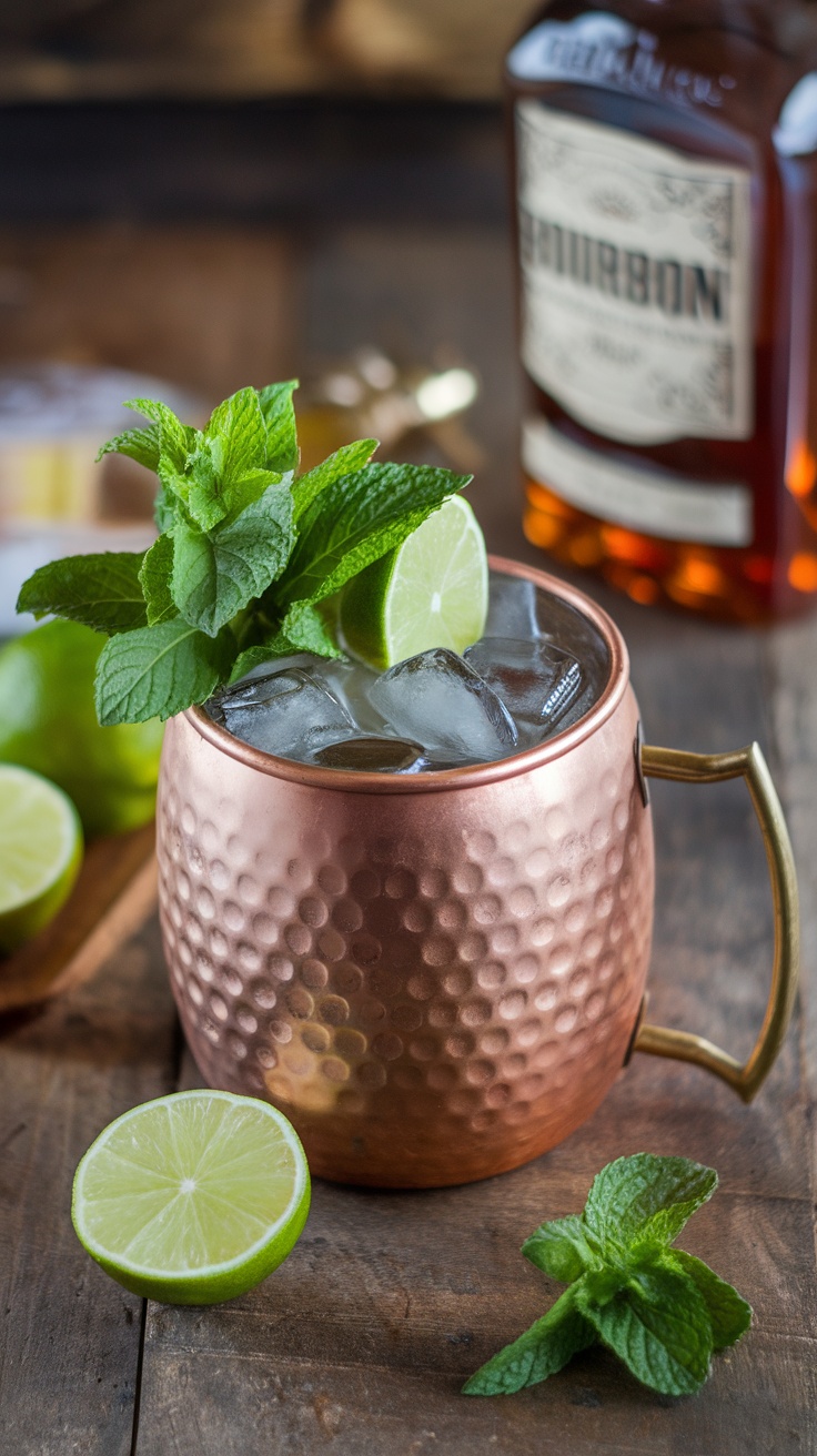 A refreshing Kentucky Mule cocktail in a copper mug garnished with mint and lime.